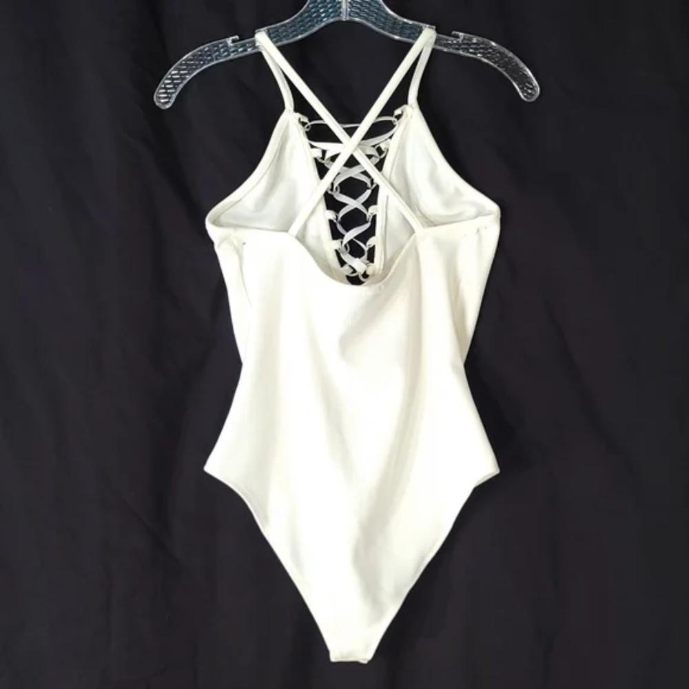 Plunging Lace Up Ribbed Bodysuit - Picture 2 of 8